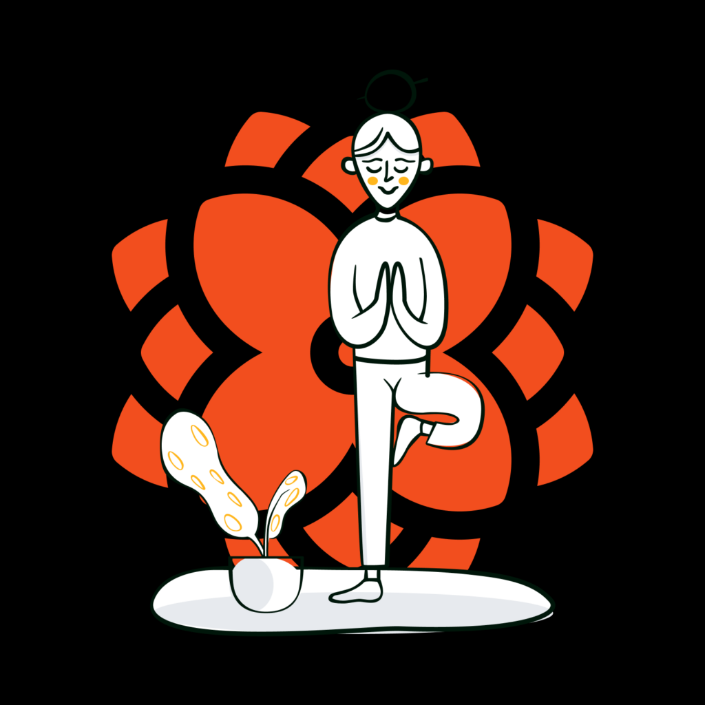 Drawing of a person doing a yoga pose next to a plant